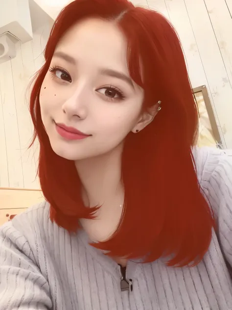 a closeup of a woman with red hair and a sweater, Retrato realista,, tzuyu de duas vezes, cabelo ruivl, estacionar a partir de-min, retrato de tzuyu do twice 