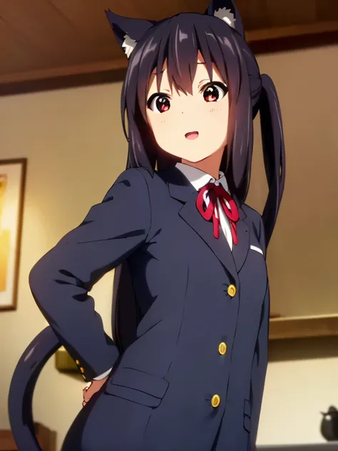 (best quality, masterpiece:1.2), 1girl, (((masterpiece))), top-quality, top-quality, High Details, nakano azusa, 1girl, Cafe waiter uniform, black cat ear, (((black cat ear))), Twin-tailed, length hair, A dark-haired, brown-eyed, solo, reddish, thin red ri...