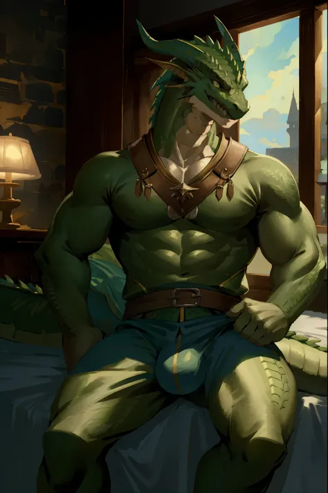 (masterpiece, 4K, ultra detailed)massive green dragon, tight medieval clothing, massive bulge, welcoming smile, Sitting on the bed, legs spread, cinematic lighting,