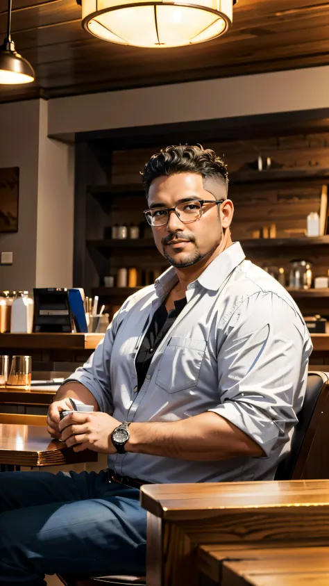 (masterpiece, best quality, RAW photo, trending on artstation) portrait, 1man, middle aged, 45 years old, mixed ethnicity (short curly hair), glasses, dark skin, facial hair, overweight, sitting, wearing black shirt, geeky, nerd, dad bod, coffee shop backg...