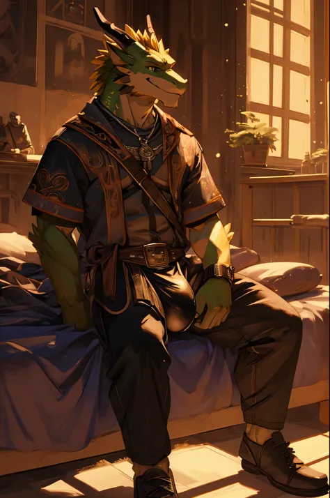 (masterpiece, 4K, ultra detailed)massive green dragon, tight medieval clothing, massive bulge, welcoming smile, Sitting on the bed, legs spread, cinematic lighting,