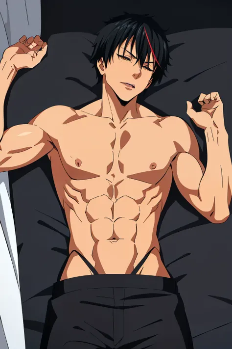 Highres, Masterpiece, Best quality at best,Best Quality,hight quality, hight detailed, anime style, (1 boy)、Men with short hair, (showing his muscle), (shirtless, topless, bare chest), black hair, Ban, without cloth, wearing black pants, lying