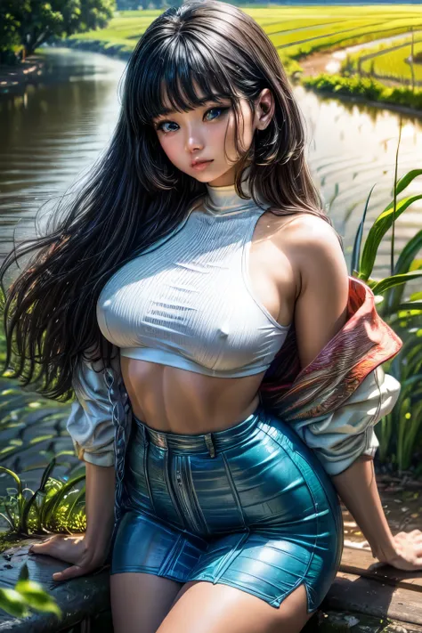 A busty beauty wearing skimpy clothes and miniskirt falls into an irrigation canal next to a (rice field:1.5). Her clothes were wet .  , (detailed face, detailed eyes and lips:1.3), gigantic breasts, huge breasts, large breast, big breasts and nipples, (co...