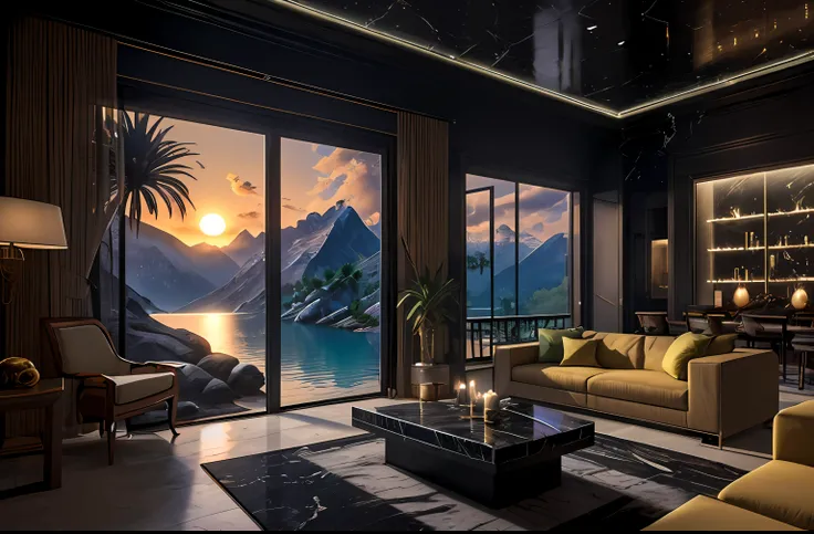 hut, mountains, yellow light, sunset, candles, landscape, lake, amazing luxurious futuristic interior in ancient egyptian style with many ((lush plants)) (lotus flowers), ((palm trees)), rocky walls, (sand), (waterfallarble), ((precious mineraletals)), (pr...