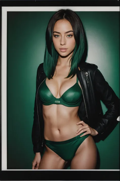 arafed instagram caucasian supermodel, biracial features, mid-length green hair, pale skin, perfect face, looking hot, Victoria secret model body, chloe bennet, harsh polaroid flash, vintage quality, in the night, dark background, one girl