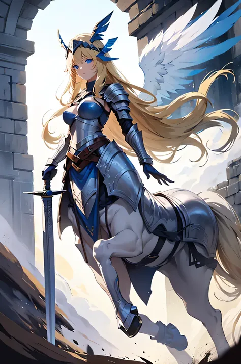 4k,High resolution,one woman,centaur,blonde,long hair,blue eyes,knight,white holy armor,hat with feathers,long sword,Plain color