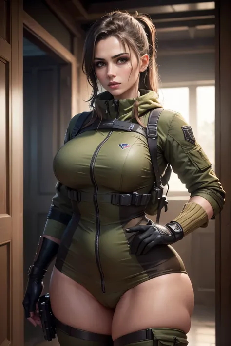 Obra prima , raw camera , ultra qualidade , volumetric lighting, hdr, maximum resolution, Garota linda , estilo militar , estilo de roupa do jogo  Call of Duty , Generic game character ,  roupa camuflada e sexy , mulher musculosa e com enormes quadris , ci...