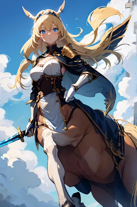 4k,High resolution,one woman,centaur,blonde,long hair,blue eyes,knight,white holy armor,hat with feathers,long sword,Plain color