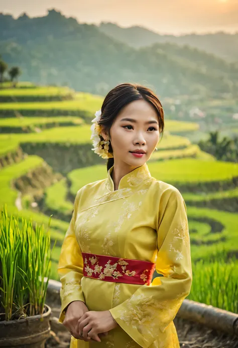 masterpiece, high quality, high resolution, raw photo, 8k, beautiful Vietnamese girl wearing AoDai. Tiered rice fields on a slope facing the sea, beautiful image, near the sea, (overlooking rice fields:1.2), terraced fields, young rice shining in the stron...