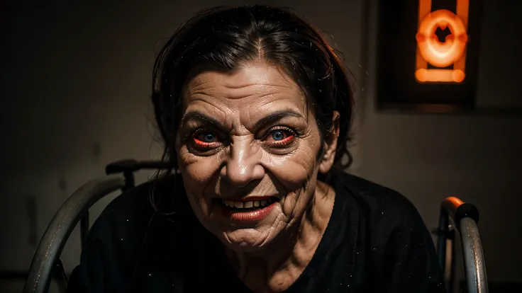 sinister image of an evil old woman in a wheelchair with a devilish expression, olhos brilhando em vermelho, demonic smile