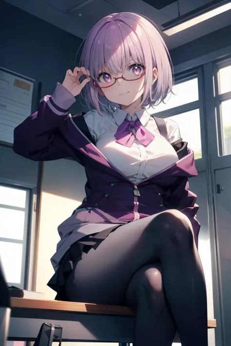 akaneshinjou, shinjou akane, light purple hair, (pink eyes:1.2), short hair,ol,red glasses, smile,mouth open,end, black suit jac...