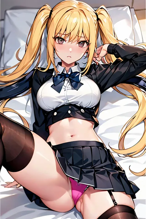 muste piece, best quality, 1 girl,blonde, (black eye:1.2),((on the bed))、(((Panty stocking)))、((embarrassed expression))、((Mi Hai Sand))、((Photo from below))、(((school uniform)))、((long hair))、((C cup breastini skirt))、(twin tails)、