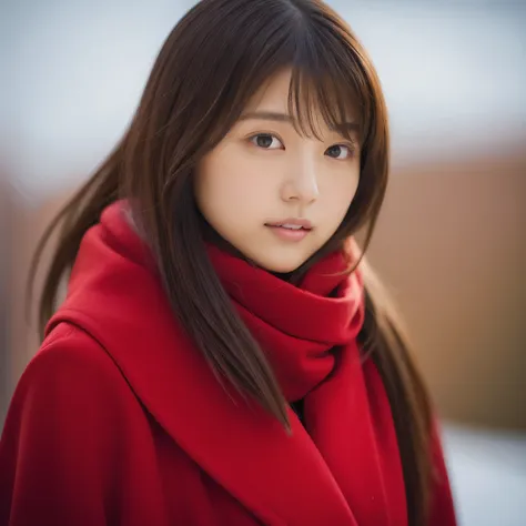 there is a woman in a red coat and a red scarf, shin jin young, choi hong hwa, sung by janice, shahi, that&#39;s a cute korean f...