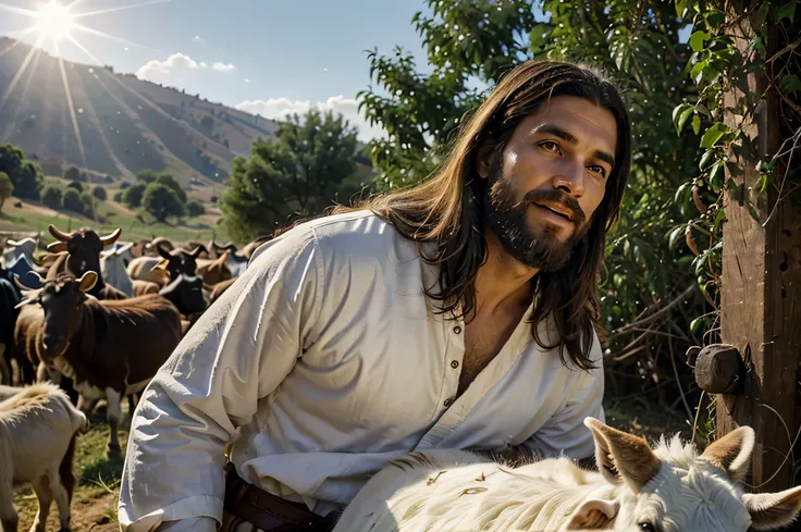 imagem inchada de um homem com barba e feliz, in a biblical scene, Jesus Cristo, many cabras in the background, portrait of Jesus Cristo, olhando pra cima, dressed like Jesus Cristo, fazenda, holy man olhando pra cima, Homem bonito, in the background many ...