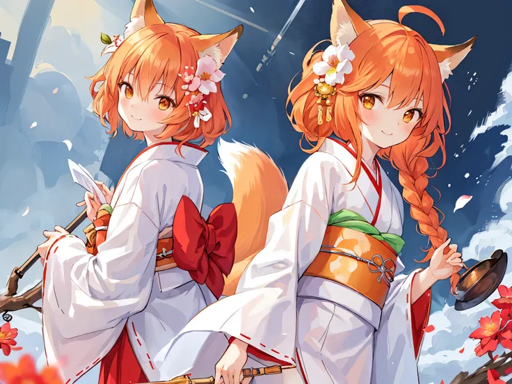 masterpiece, highest quality, very detailed, 1 girl, alone, (:3:0.9), animal earsの綿毛, animal ears, orange hair, fluffy hair, blush, brown eyes, flower, fox ears, fox girl, Slope, Slope background, hair flower, hair ornaments, kimono, kimono, looking at the...