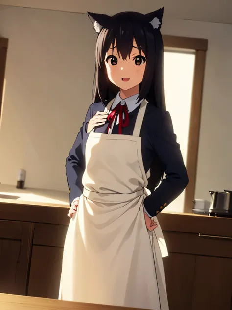 (best quality, masterpiece:1.2), 1girl, (((masterpiece))), top-quality, top-quality, High Details, nakano azusa, 1girl, Cafe waiter uniform, black cat ear, (((black cat ear))), Twin-tailed, length hair, A dark-haired, brown-eyed, solo, reddish, thin red ri...