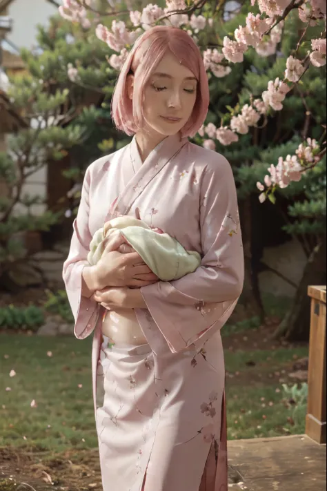 (best quality, highres, ultra-detailed, realistic:1.37), vibrant pink-haired girl, delicate sakura blossoms surrounding her, slender legs, small breasts, holding a newborn baby with green hair, beautiful detailed eyes, beautiful detailed lips, serene expre...