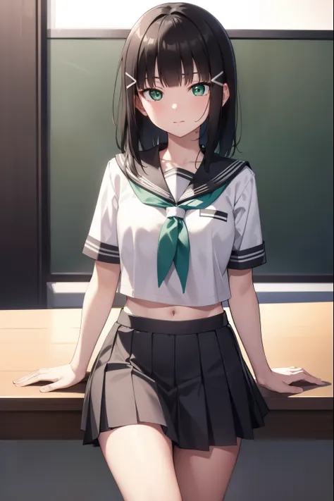 diakurosawa, dia kurosawa, black hair, (green eyes:1.5), blunt bangs, grey skirt, hair ornament, hairclip, mole, mole under mout...