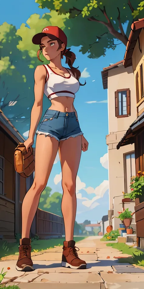 The beautiful, (tmasterpiece:1.2), (Best quality at best:1.2), perfect  eyes, s the perfect face, perfect litthing, 1个Giant Breast Girl, Sam, standing back, metathorax, baseball cap, black in color, , Brown hair, Crop top, cutoff point, Denim, denim short,...