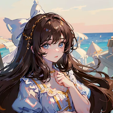 (extremely delicate and beautiful: 1.2), 1girl, fashi-girl, pretty eyes, bow, brown hair, closed mouth, sideways, hair bow, short sleeves, looking at the viewer, long hair, solo, upper body, hazel eyes