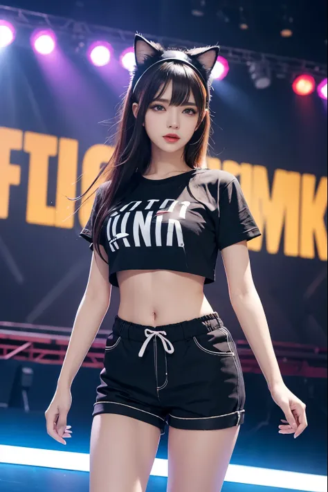 Hair bang, cat ears headband, ideal tits, hat, cropped tied t-shirts with text printed, stomach, Short pants, legs, (stage background), vibrant colours, studio lights, gentle lights, dim light, 3D animation