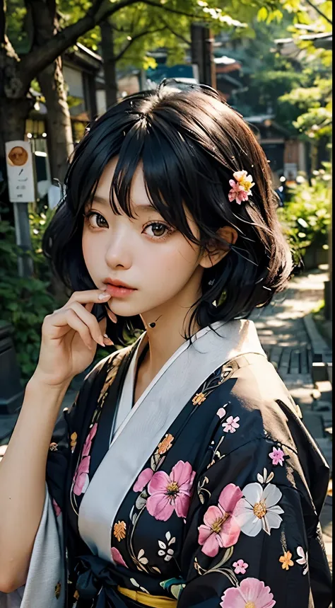 A black woman, colorful hair, in japan, surrounded by trees and flowers, macro photography