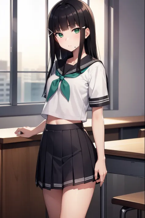 diakurosawa, dia kurosawa, black hair, (green eyes:1.5), blunt bangs, grey skirt, hair ornament, hairclip, mole, mole under mout...