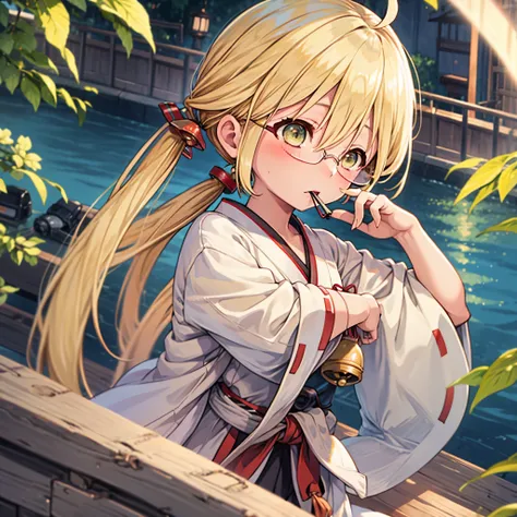 Masterpiece, best quality, perfect lighting, 1girl, solo, riko, blonde hair, yellow miko kimono, glasses, bell hair ornament, medium hair, ahoge, hair between eyes, mouth closed, blushing