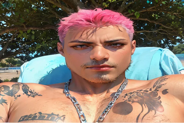 arafed man with Cabelo rosa and tattoos on his chest, long spiky Cabelo rosa, with Cabelo rosa, moicano rosa, light Cabelo rosa with pink flames, bubblegum hair, chad, Cabelo rosa, coelho mau, corte de cabelo tingido cyberpunk, brilhantes de cabelo, huge C...