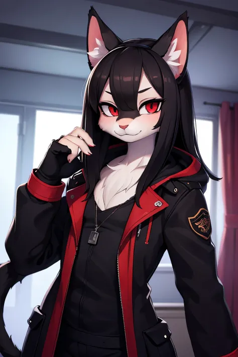 (high-res masterpiece)) , ((best quality)), illustration, furry, cat, animal ears, tail, bodyfur, black fur, 1guy, POV, upper body, 1guy solo *//*, red eyes, *//*, black trench coat, looking at viewer, holding a glock-22 pistol pointed at the ceiling, lick...