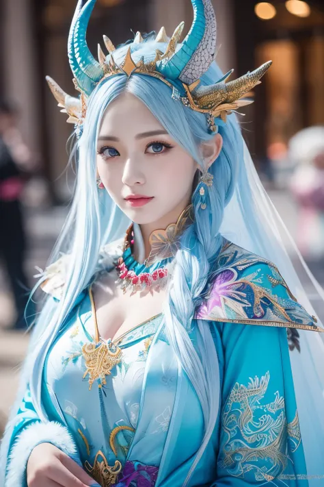 ( absurdly , high quality , Super detailed,(See photographer ), Ice Queen,prick々Beautiful and colorful patterned dragon costume with great details,