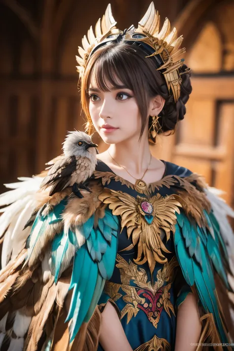 ( absurdly , high quality , Super detailed,(See photographer ), griffon queen,Griffon costume with detailed, beautiful and colorful patterns,See photographer，fantastic world