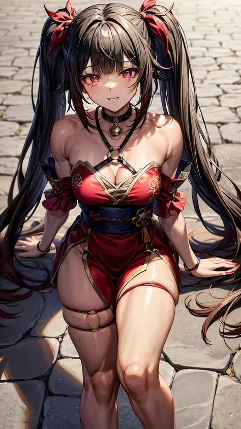 type: Digital Art
Style: Anime style Color: Predominantly red with black and white contrasts,
Eye color: bright crimson red, with luminous highlights.
Hair color Black with red highlights,
Hairstyle: Long with twintails, adorned with traditional red and go...