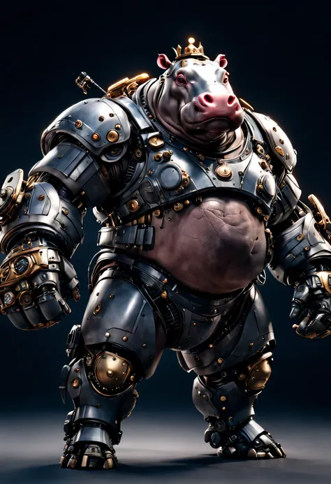 photorealistic portrait of dressed animals - a ((fat)) hippo robotic warrior,(brave pose), high quality,(lovely) ,intricate deta...