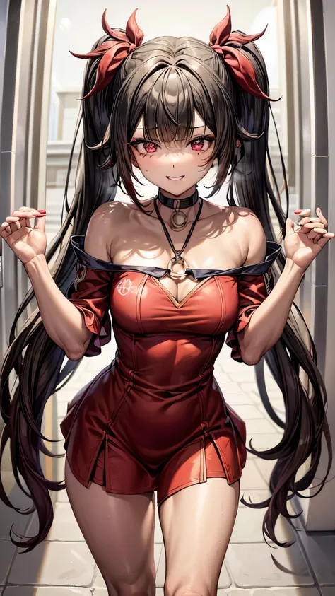 type: Digital Art
Style: Anime style Color: Predominantly red with black and white contrasts,
Eye color: bright crimson red, with luminous highlights.
Hair color Black with red highlights,
Hairstyle: Long with twintails, adorned with traditional red and go...