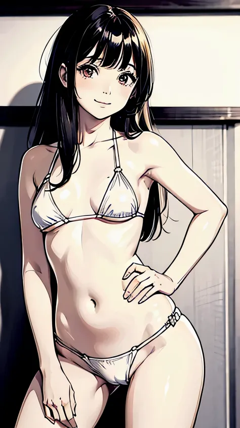 one beautiful girl, 15 years old, Still innocent face、droopy eyes、(Completely naked)、big breasts、small butt、pubic hair、Iの肌は雪のようにとても白いです、pink nipples, Long black hair down to the waist、have a lot of hair、bangs、(I&#39;Trying to cover her nipples with her rig...