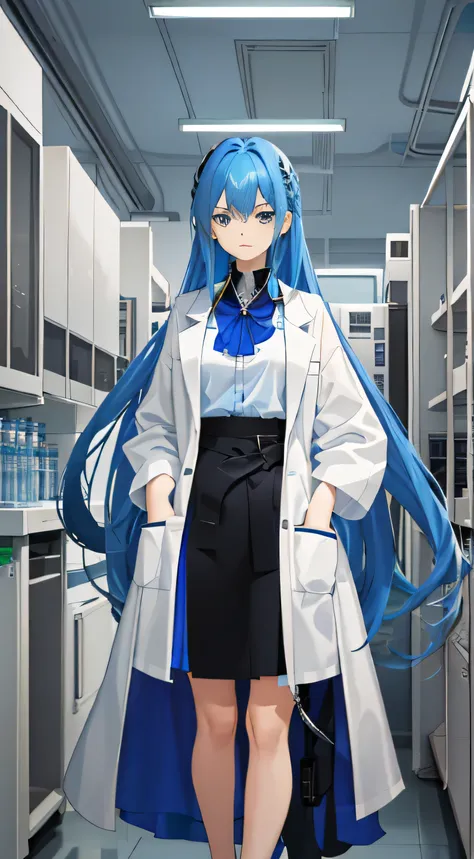 Masterpiece of exquisite craftsmanship, featuring a solitary girl with blue hair cascading down to her waist, her long eyes piercingly blue. She dons a white shirt, the fabric smoothly rendered, and a long lab coat, its black fabric elegantly draped over h...