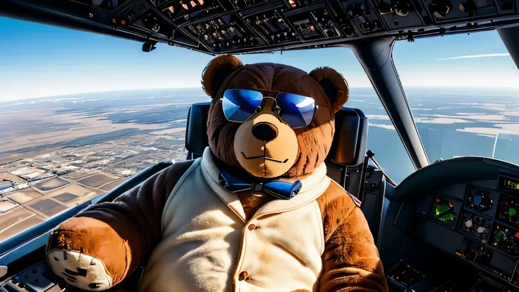 (a man-sized teddy bear:1.2), (piloting a jet aircraft:1.1), preparing for takeoff, high-pressure situation, push it to the limit, high energy, (view is looking into the cockpit:1.2), wearing aviator sunglasses, total boss bear, his fur is immaculate,