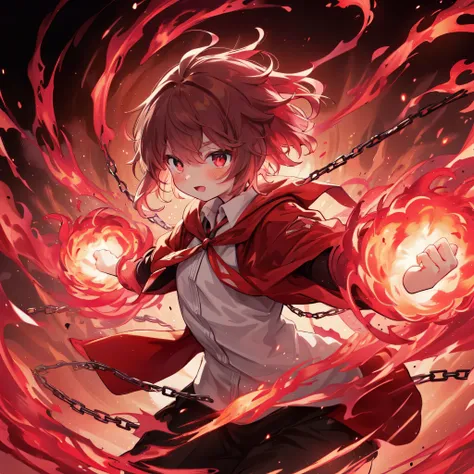 anime, anime girl, redhead,right fist、correct move、smile、 red glowing eyes, red jacket, Dynamic full body illustration of a girl with short twin tails, now、彼女の後ろから発せられるscarlet flameの力によって前に推進されます, instead of chain. scarlet flame, vivid and intense, explain...