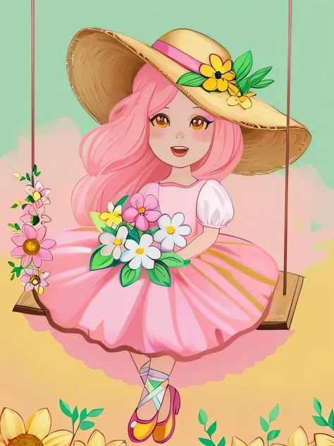 there is a girl in a yellow dress and a pink hat on a swing, ilustrado em estilo caprichoso, cartoon style illustration, vestida com um vestido florido, garota em flores, estilo de arte fofo, linda garota de anime de girassol, primavera, in digital illustr...