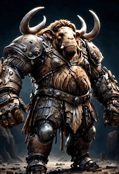 photorealistic portrait of Dressed animals - a ((fat)) mammoth warrior,(brave pose), high quality,(lovely) ,intricate detailed giant mechanical arms, highly detailed ((mechanical armor) ,,highly detailed decorations, , (brave), studio lighting,(full body i...