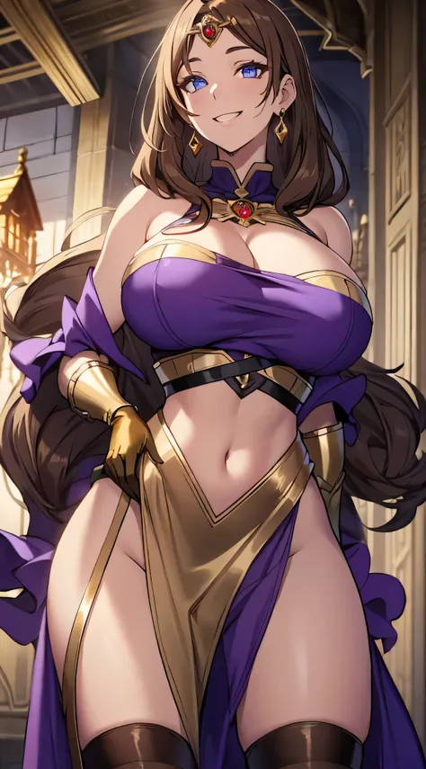 olga discordia, light brown hair, hair stick, bangs, blue eyes, solo, smiling, standing, upper body, hips, bare shoulders,purple thighhighs, violet dress, gold jewelry,armor,gloves,circlet, cleavage, red and gold royal castle, gigantic breasts, (best quali...