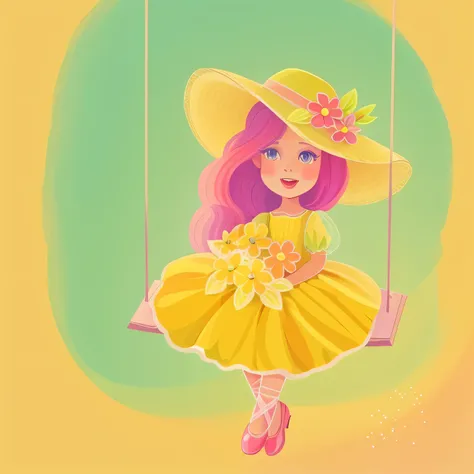 there&#39;s a girl in a yellow dress and pink hat on a swing, ilustrado em estilo caprichoso, mulher fofa, cartoon style illustration, cute illustration, cute garota, hand painted cartoon art style, estilo de arte fofo, garota, colorful illustration, excit...