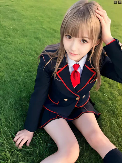 (Dressed in a black blazer uniform with a red cropped collar and black skirt、Close up low angle shot of slender small breasted half-up girl with long blonde hair with bangs。:1.5)、(One blonde-haired girl is sitting on a Japanese grassland with a small smile...