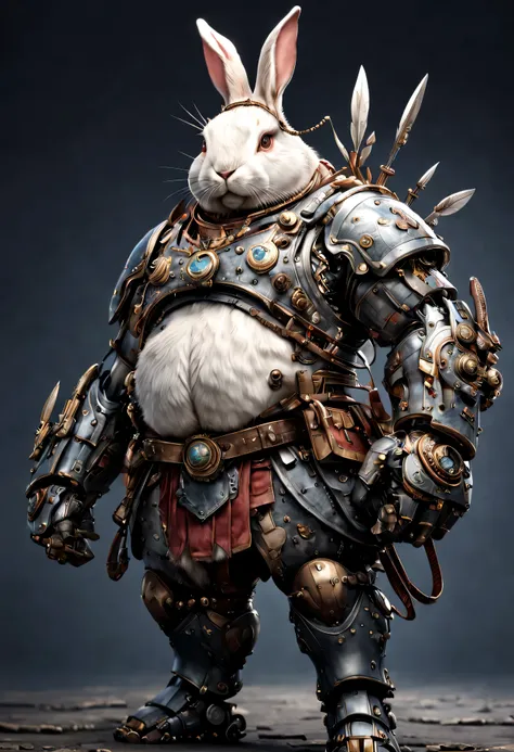 photorealistic portrait of Dressed animals - a ((fat)) rabbit warrior,(brave pose), high quality,(lovely) ,intricate detailed giant mechanical arms, highly detailed ((mechanical armor) ,,highly detailed decorations, , (brave), studio lighting,(full body im...