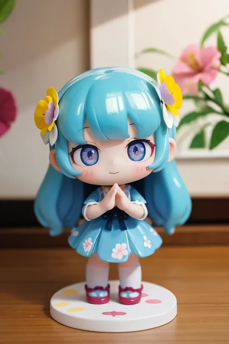 photoRealstic、Doll standing in front of the painting（nendroid）、A smile、Water droplets on the cheeks、In a cute pose、watercolor Nendoroid、(High Definition Figure)、Flowing iridescent silk、up of face、Eye Up、Colorcon with heart pattern、Floral dresaking a heart ...