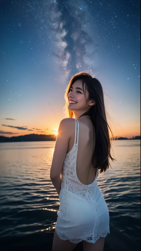 (8k, highest quality, masterpiece: 1.2), (realistic, photorealistic: 1.37), Super detailed, single girl, cute, alone, midnight, beautiful and detailed sky, night view、(smile: 1.15), ), beautiful small eyes, Floating hair NovaFrogStyle, open back dress