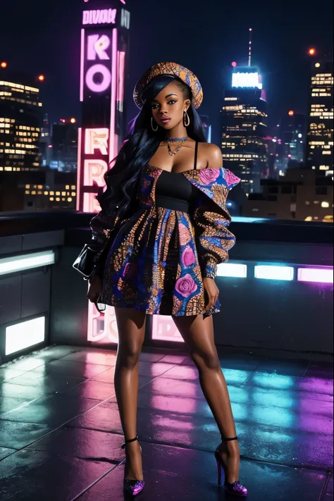 (african-american,stylish,fashionable,modern,teenager,beautiful,confident,attractive),(lily-flower,floral),dressed,sparkly dress,beret hat,high heels,Instagram-worthy,posing on a city rooftop,neon lights in the background,city skyline,reflection of city li...