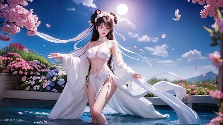 (8k, original photo: 1.2), top quality, ultra high resolution, head to knees, dramatic angle, (Colorful petals flying), (illustration), (1 girl)))), (long hair),Wearing an ultra-thin white lace bikini，sexy pose,(巨big deal乳房: 1.2)，(((Breast close-up)), (((s...