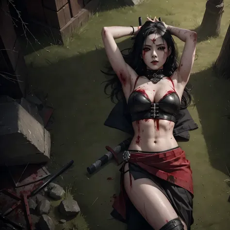 1 girl, sexy, beautiful samurai, katana, samurai, muscular abs, navel, fantasy, sensual, cropped corset goth top, mini skirt, beautiful asian goth girl, sexy, deep navel, heavy goth makeup, armpit, fighting, sweaty skin, blood, wounded, undead, red blood, ...